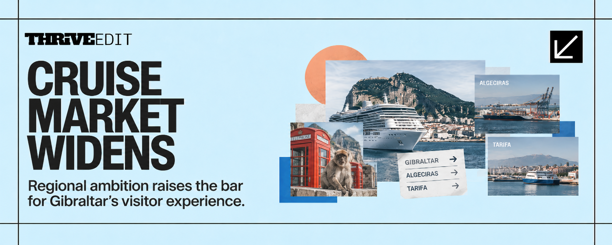 Thrive EDIT graphic for Cruise Market Widens featuring Gibraltar cruise tourism alongside emerging cruise activity in Algeciras and Tarifa.
