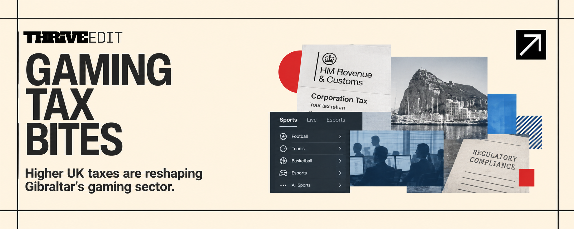 Thrive EDIT graphic for Gaming Tax Bites featuring an editorial collage of Gibraltar gaming, tax, regulation and workforce imagery