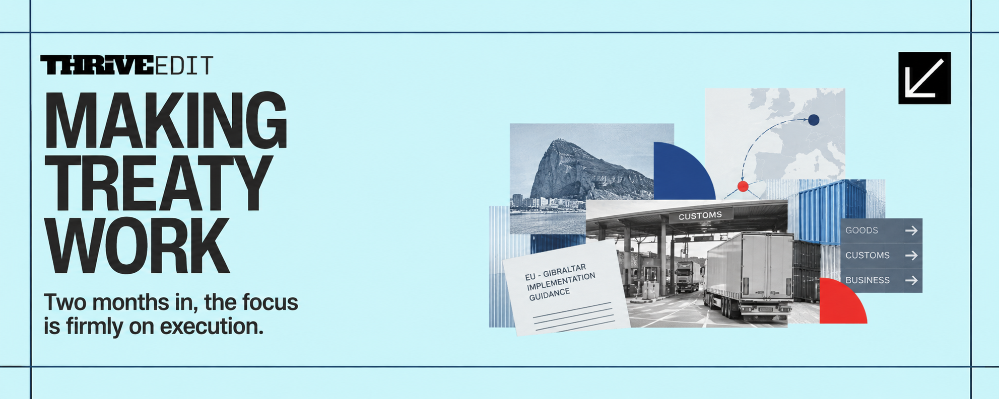 Thrive EDIT graphic for Making Treaty Work featuring an editorial collage of Gibraltar customs, freight, business documentation and frontier operations.
