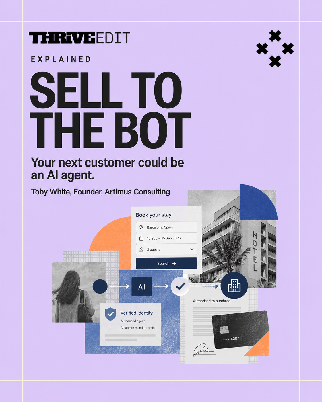 Thrive EDIT graphic for Sell to the Bot featuring an editorial collage of AI agents, digital identity, permissions, payments and customer transactions.