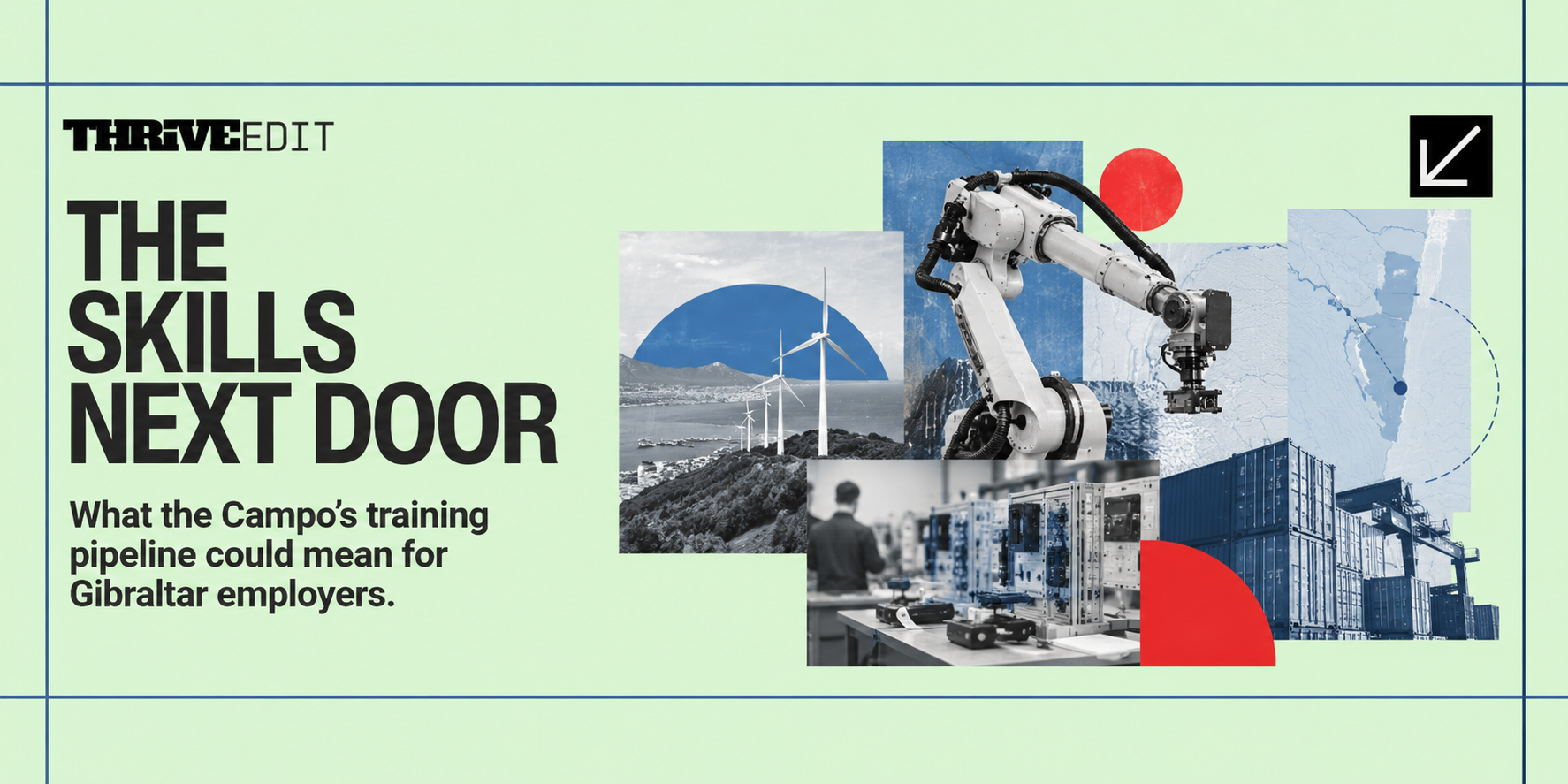 Thrive EDIT graphic for The Skills Next Door featuring an editorial collage of robotics, logistics, technical training and green-energy imagery.
