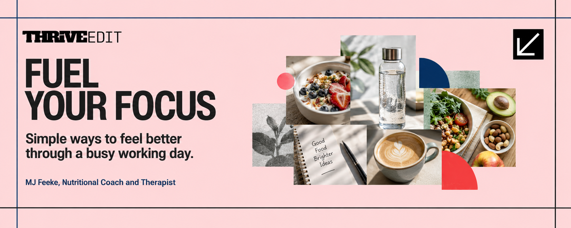 Thrive EDIT graphic for Fuel Your Focus featuring an editorial collage of balanced food, hydration, coffee and working-day imagery.