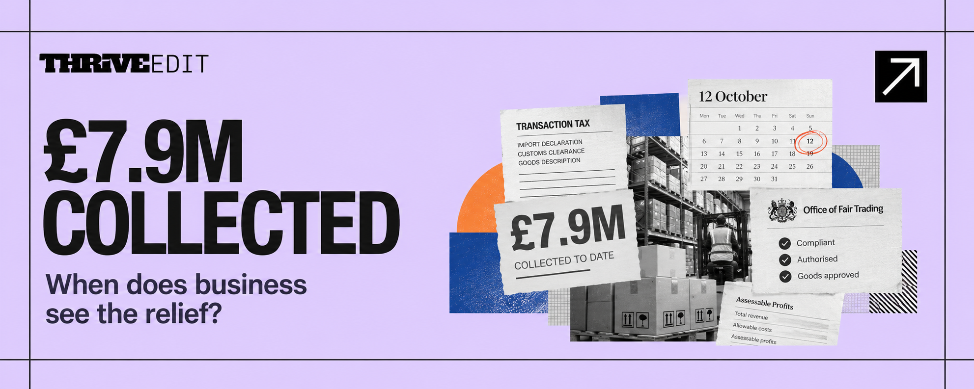 Thrive EDIT graphic showing Gibraltar Transaction Tax documents, the £7.9m collected figure and the 12 October relief date.