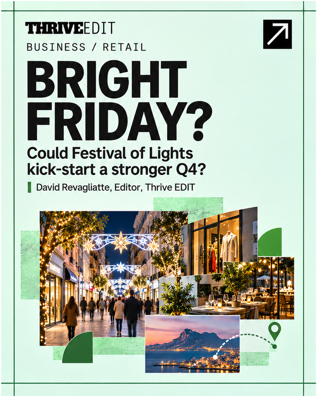 Thrive EDIT social graphic featuring Gibraltar’s illuminated town centre, retail and hospitality imagery for the Bright Friday business feature.