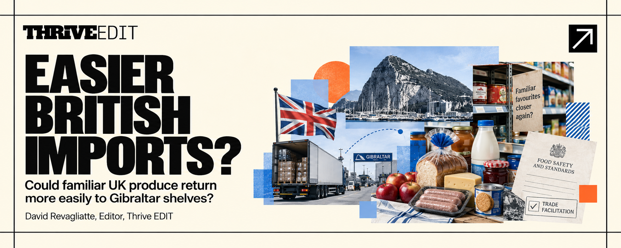 Thrive EDIT graphic for Easier British Imports featuring British food products, Gibraltar retail shelves and UK-to-Gibraltar supply-chain imagery.