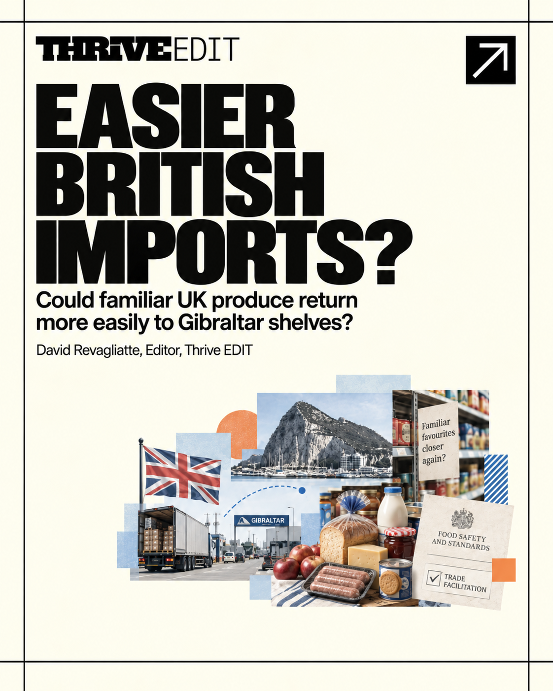 Thrive EDIT graphic for Easier British Imports featuring British food products, Gibraltar retail shelves and UK-to-Gibraltar supply-chain imagery.