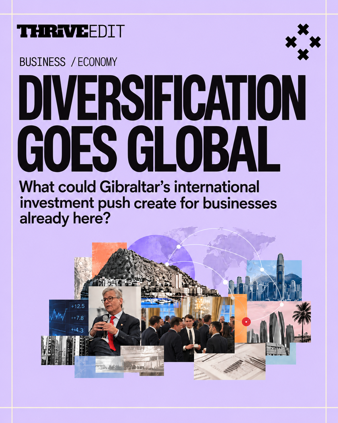 Thrive EDIT graphic illustrating Gibraltar’s international economic diversification drive, with the Rock connected to global financial and technology markets.