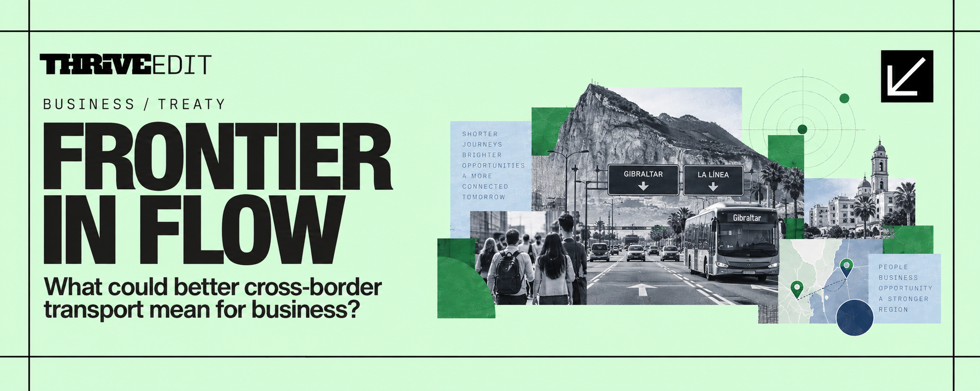 Thrive EDIT graphic for Frontier in Flow featuring Gibraltar’s frontier, direct road lanes, public transport and cross-border movement between Gibraltar and La Línea.