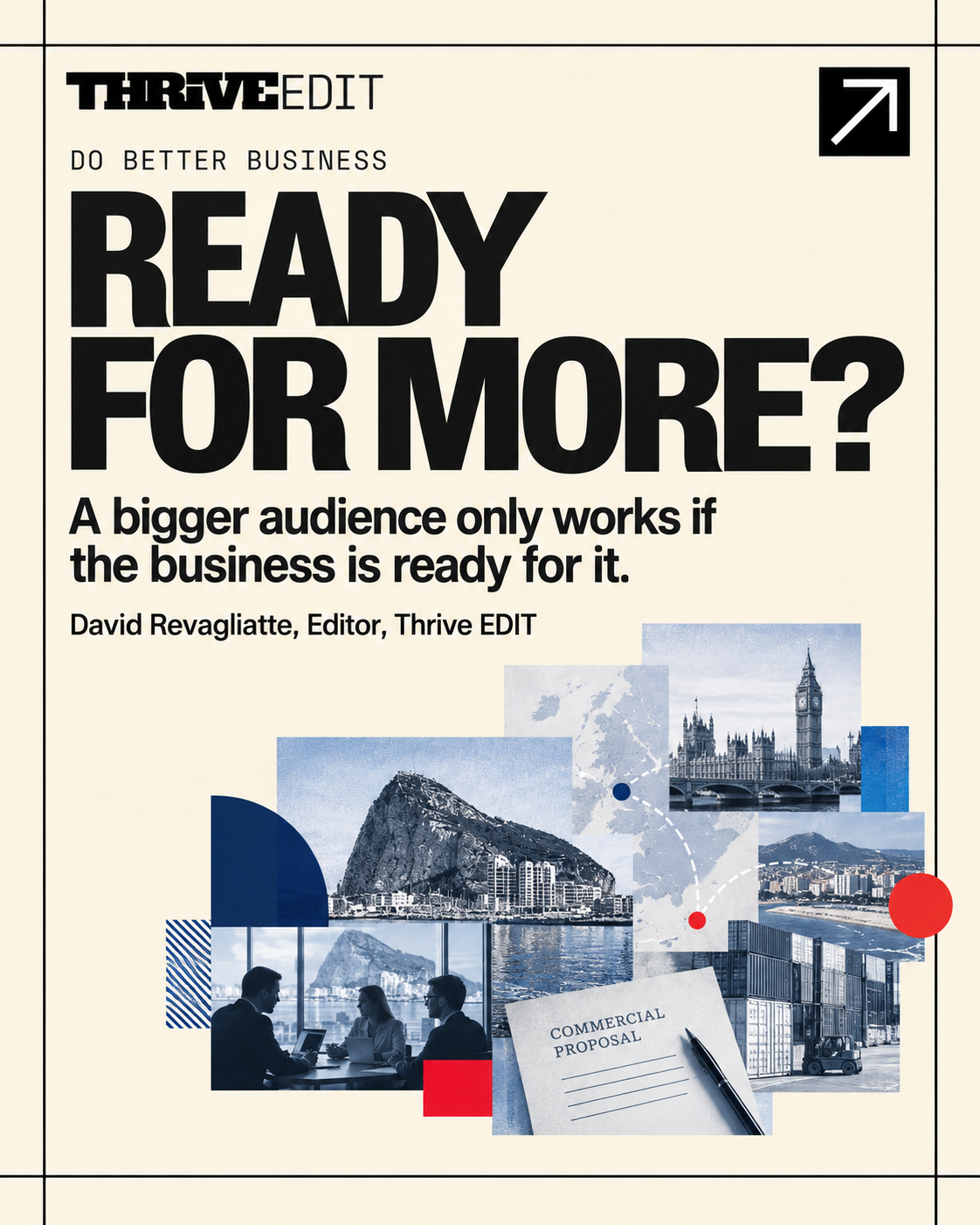 Thrive EDIT social graphic about preparing a Gibraltar business for wider audiences, partnerships and market expansion.