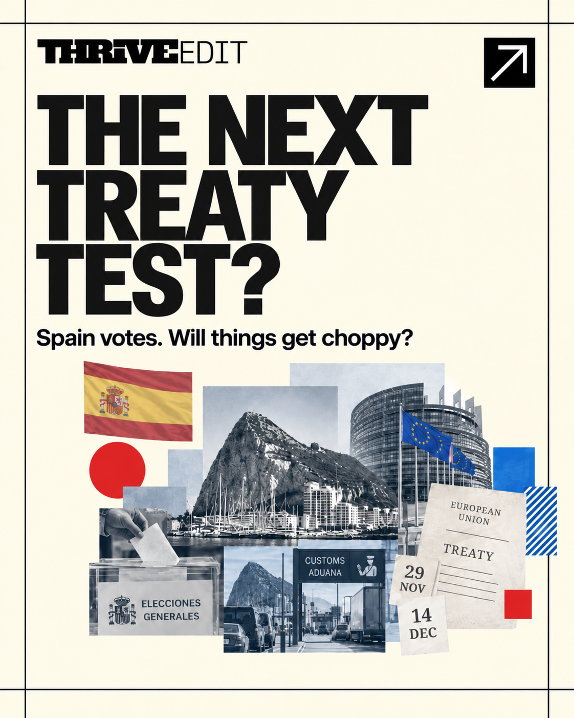 Thrive EDIT graphic for The Next Treaty Test featuring Gibraltar, Spanish election imagery, the European Parliament and Treaty implementation references.